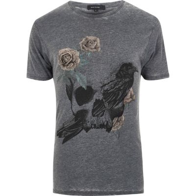 Dark grey rose skull print T-shirt